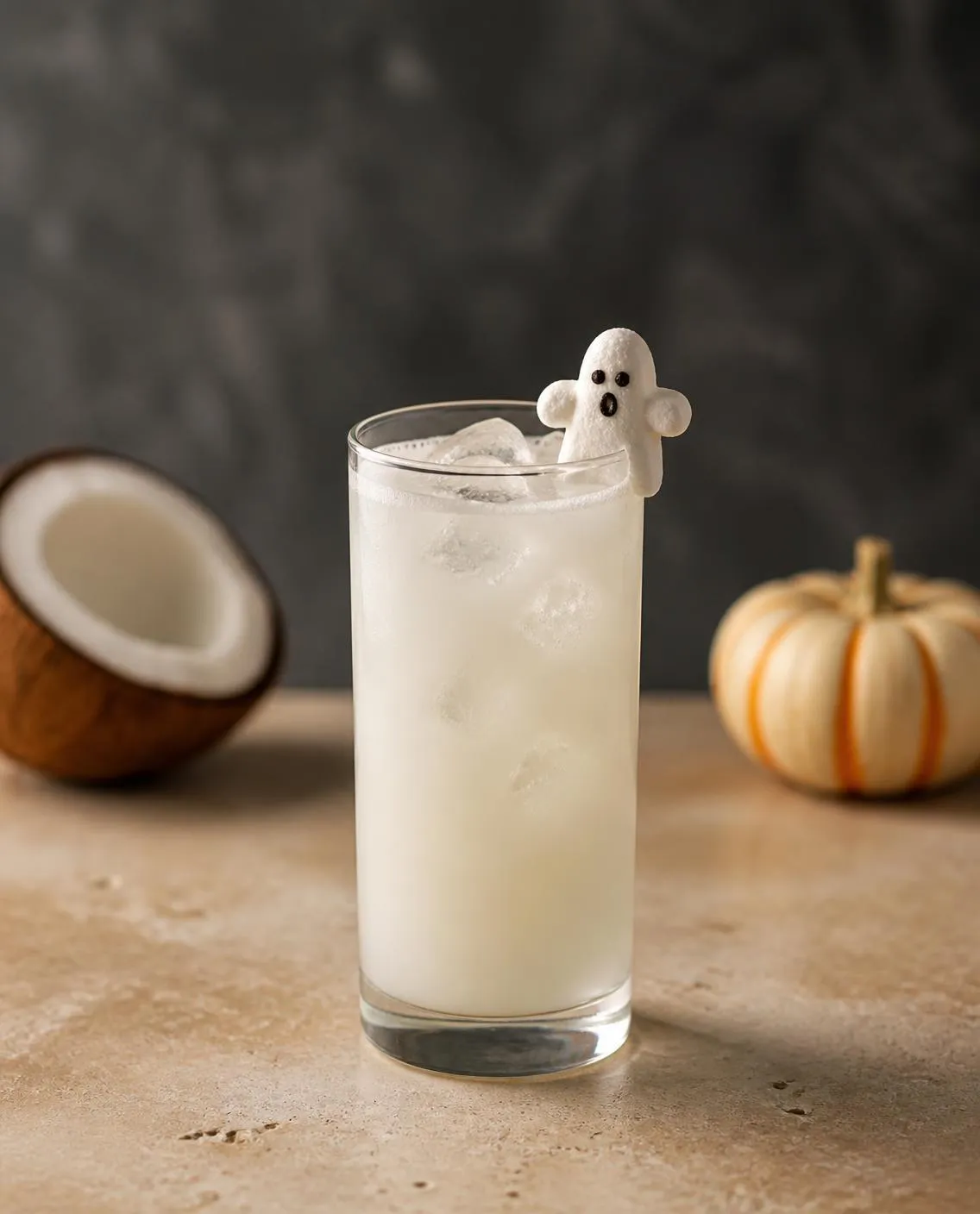 Drunk Ghost in a highball glass with ghost-shaped marshmallow candy (optional) (AI-generated image)