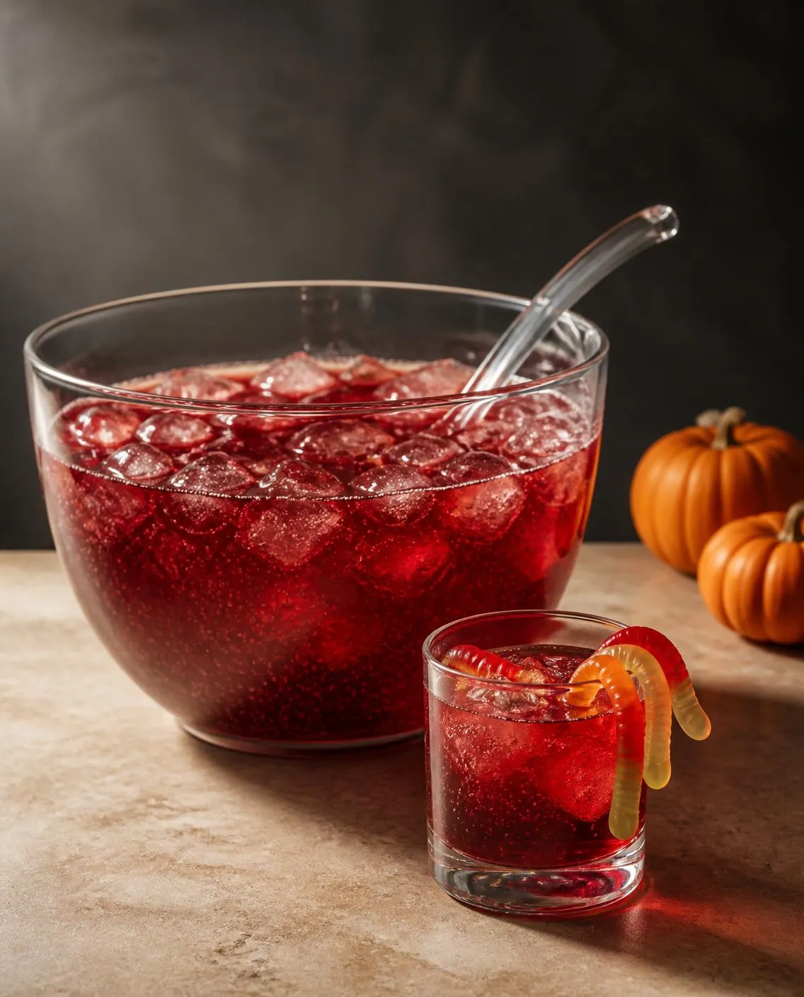 Halloween Punch in a rocks glass with orange twist, gummy worms or candy eyeballs (optional) (AI-generated image)