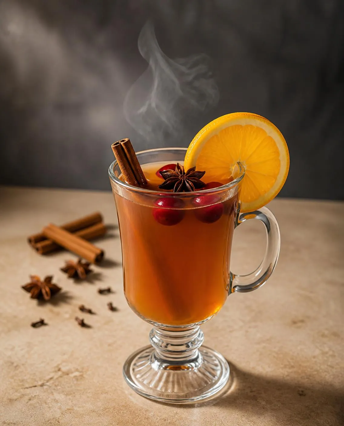 Mulled Cider in an irish coffee glass with orange slice and fresh cranberries (optional) (AI-generated image)