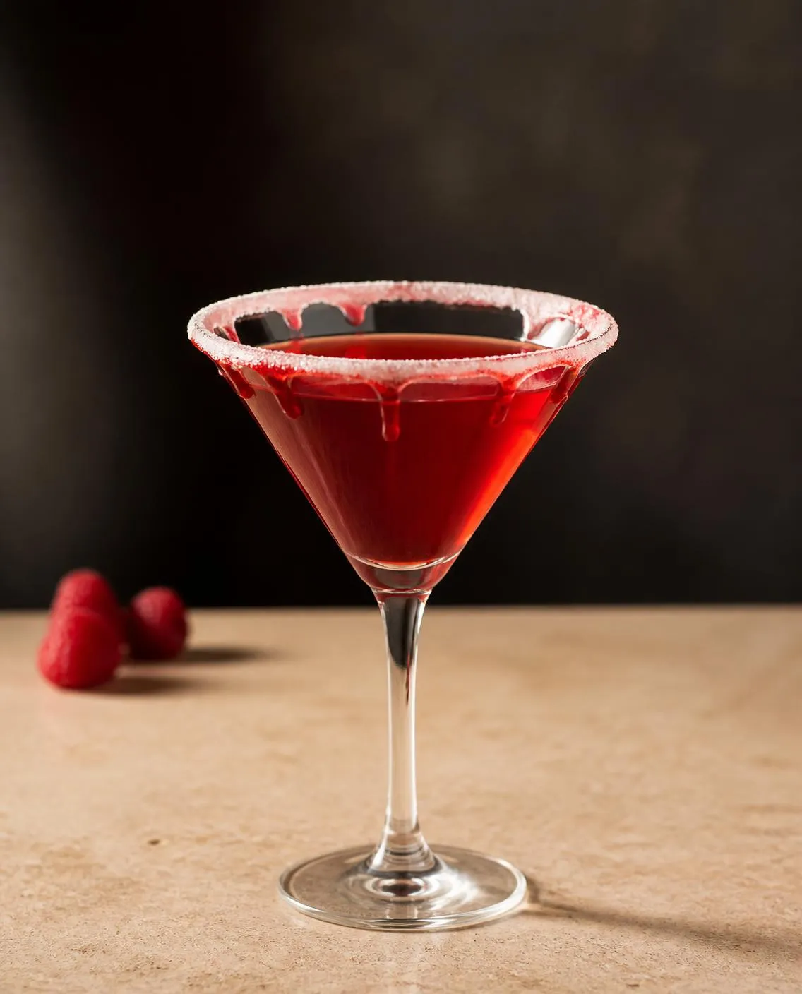 Vampire's Kiss in a cocktail (martini) glass with grenadine-sugar rim (optional) (AI-generated image)